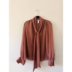 H&M Women's Divided Top Medium Brown, Sheer, Long Sleeve Blouse